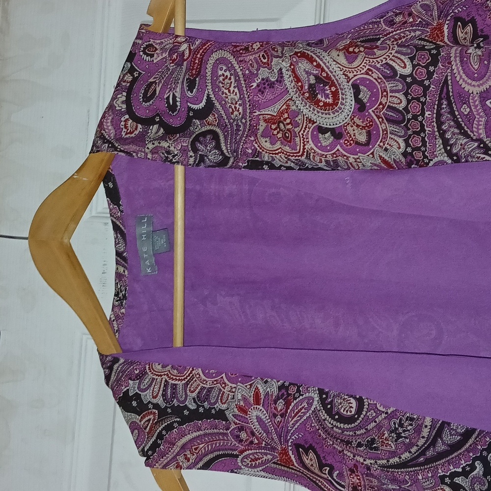 Kate Hill Purple Paisley Button-Front V-Neck Camisole Top 100% SILK